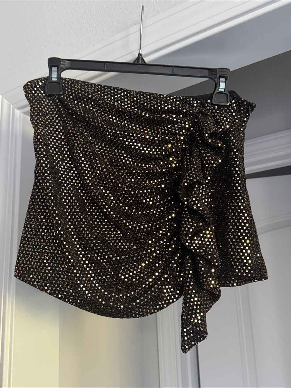 Black Sequin Mini Skort with Ruffles and Gold Sequins